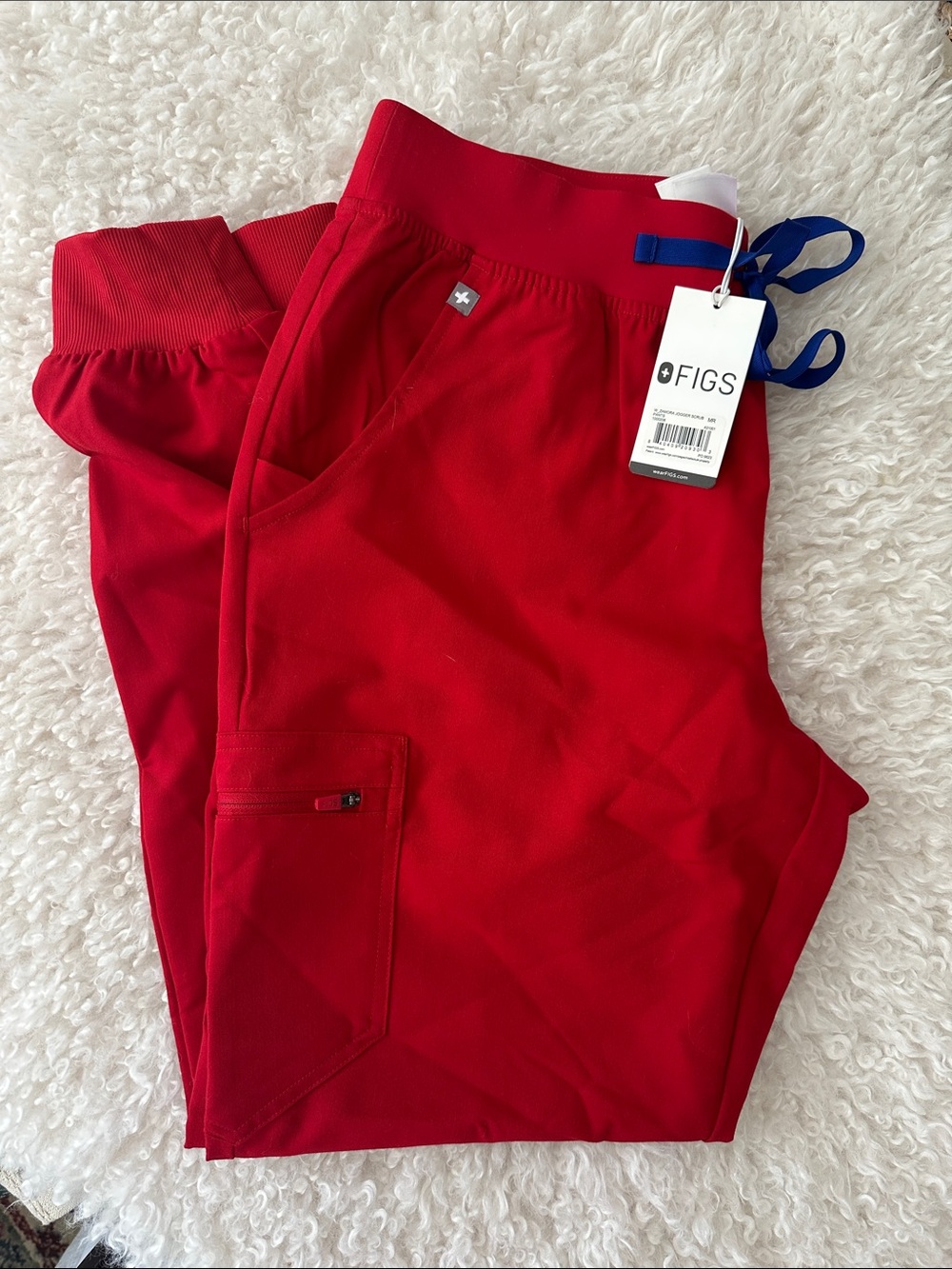FIGS Red Cargo Joggers with Blue Drawstring Accent